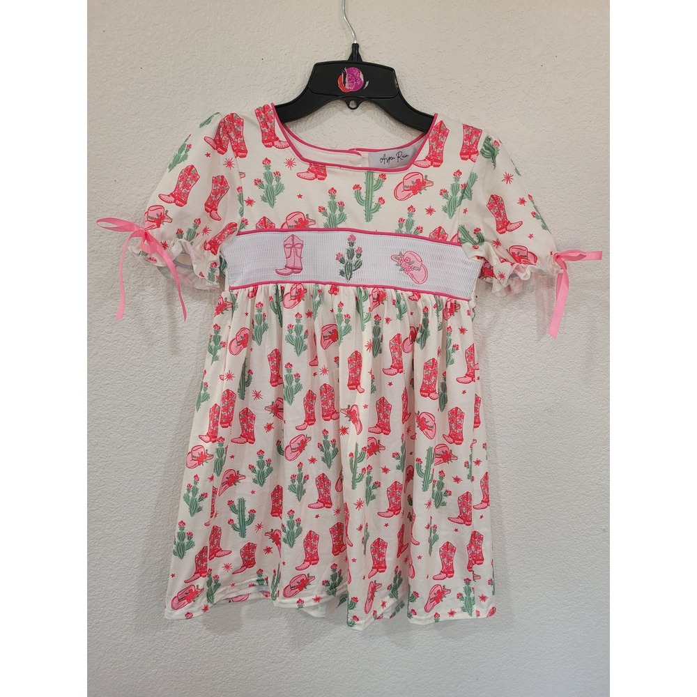 Aspen Rain Girls Pink Western Cowboy Boot Cactus Smocked Dress Size 6 #4